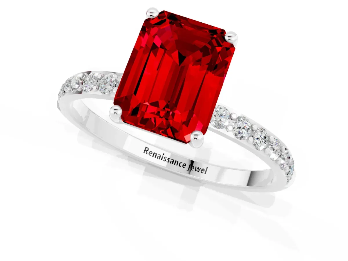 Emerald Cut Ruby Solitaire Ring with Round Pavé Band and Prong Setting Platinum