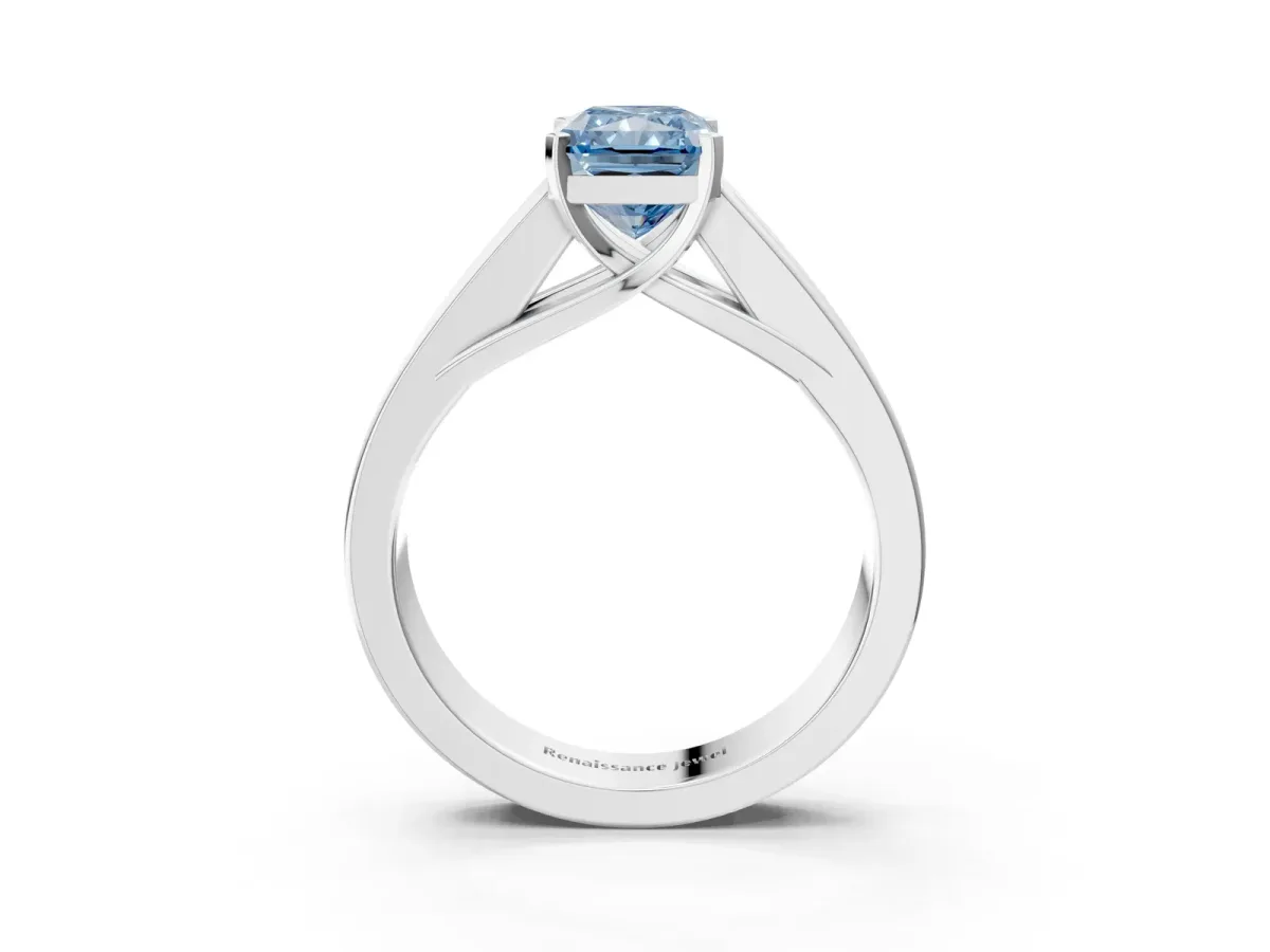Fancy Blue Radiant Cut Cut Channel Set Solitaire Ring with Four-Prong Setting Platinum
