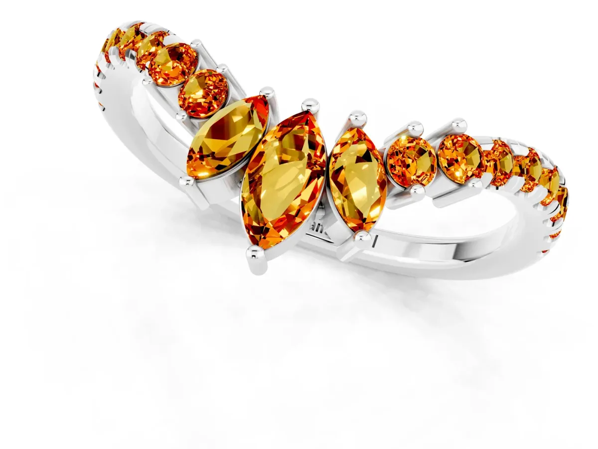 Chevron Marquise and Round Citrine Open Band with Prong Setting Platinum