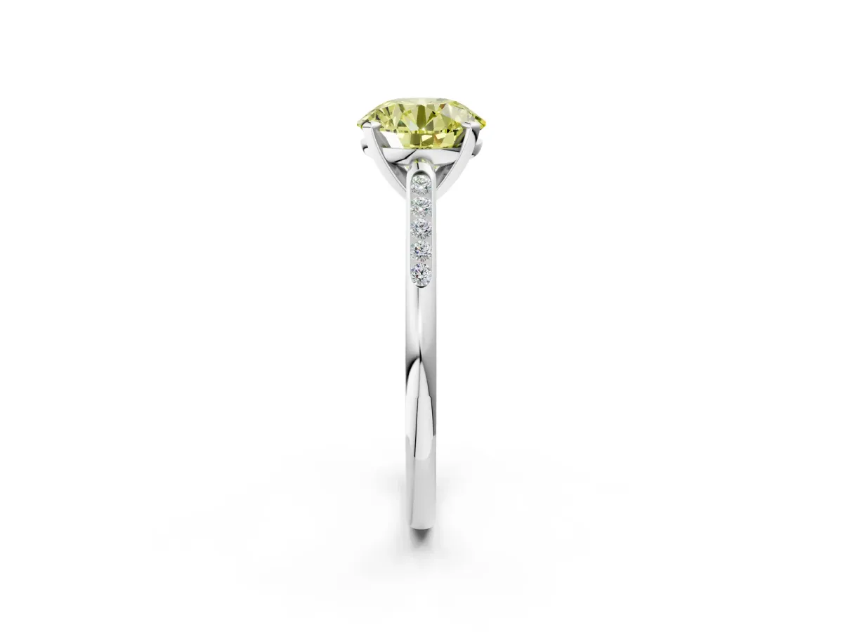 Fancy Yellow Round Cut Diamond Solitaire Ring with Channel Set Round Band and Prong Setting Silver