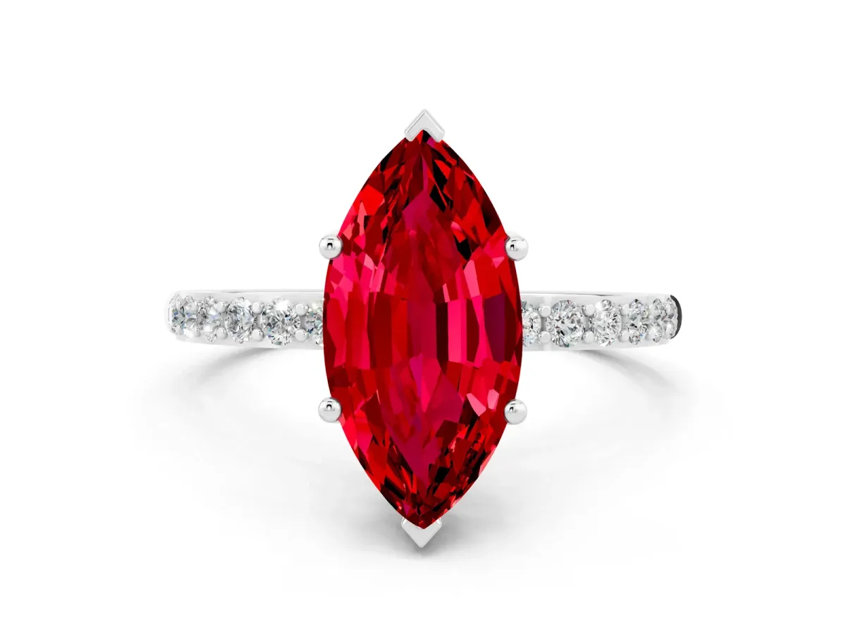 Marquise Cut Ruby Solitaire Ring with Round Pavé Band and Prong Setting Silver
