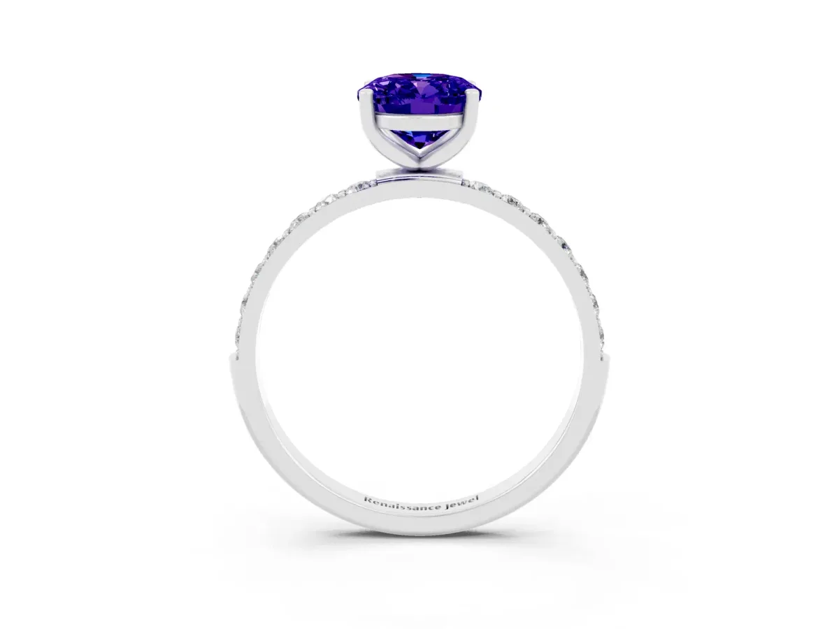 Oval Cut Tanzanite Solitaire Ring with Round Pavé Band and Prong Setting Silver