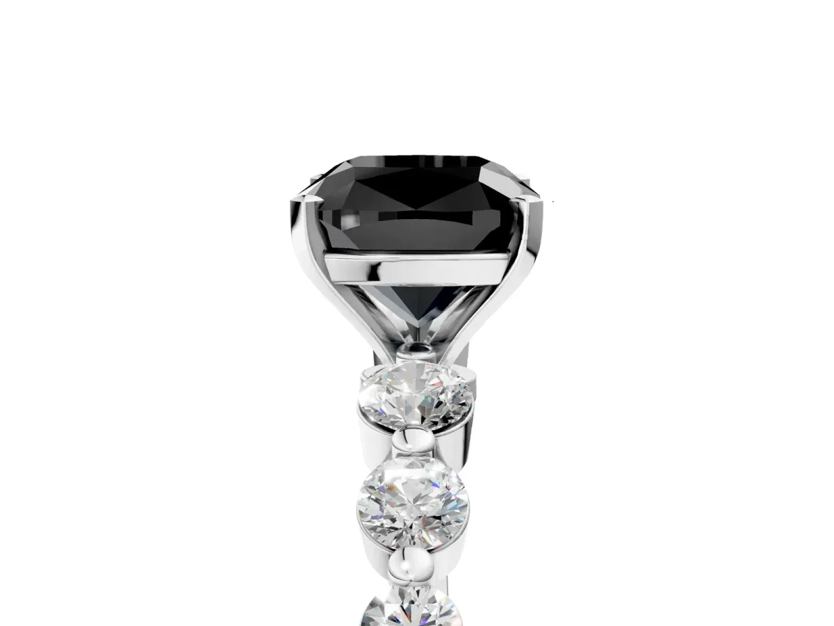 Fancy Black Cushion Cut Solitaire Diamond Ring with Pave Band and Four-Prong Setting Silver