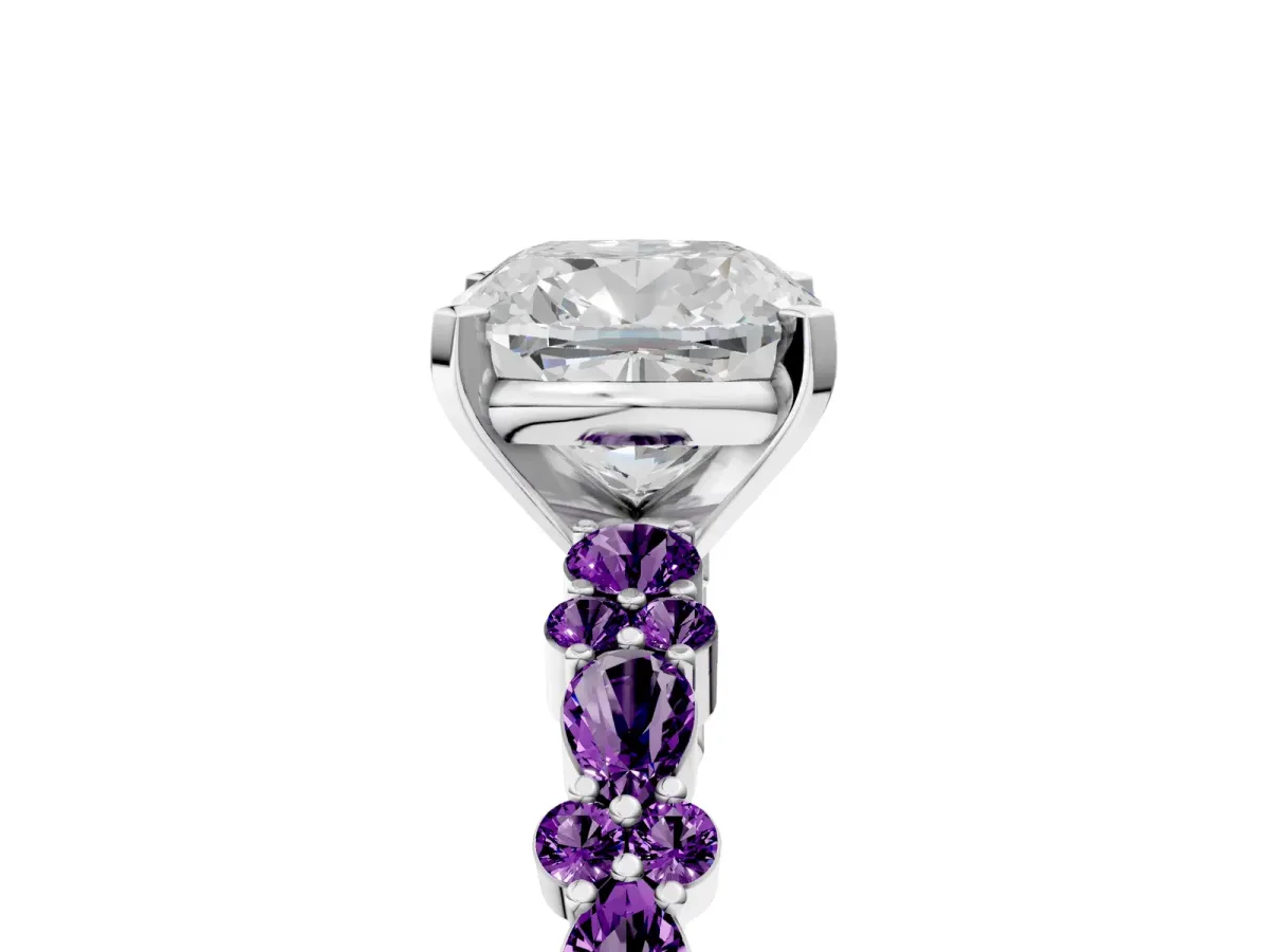 Cushion Cut Diamond Side Stone Solitaire Ring with Round Amethyst and Four-Prong Setting White gold