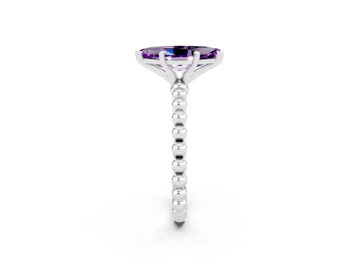Marquise Cut Amethyst Solitaire Ring with Beaded Band and Prong Setting Platinum