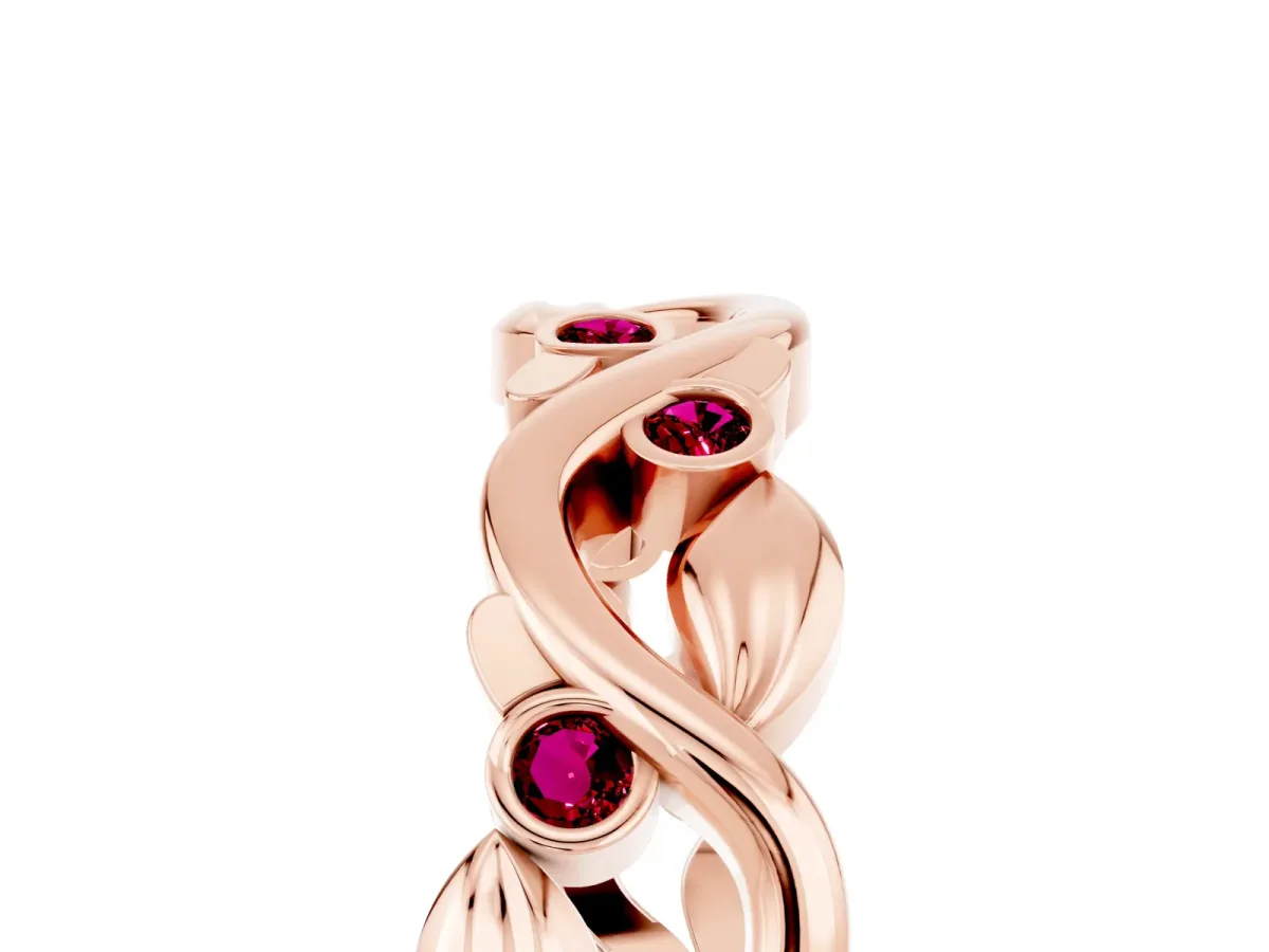 Round Garnet Leaf Eternity Band with Bezel Setting Rose gold