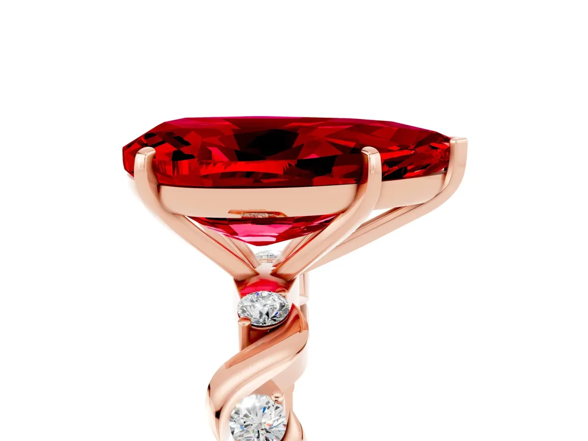 Pear Cut Ruby Solitaire Twisted Band with Round Accents and Prong Setting Rose gold