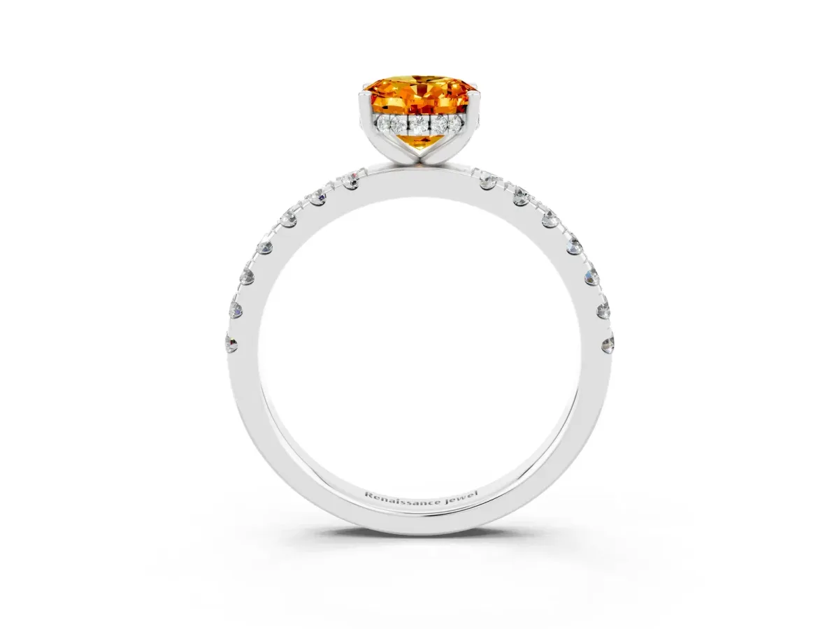 Oval Cut Citrine Pave Band Solitaire Ring with Round and Prong Setting Platinum