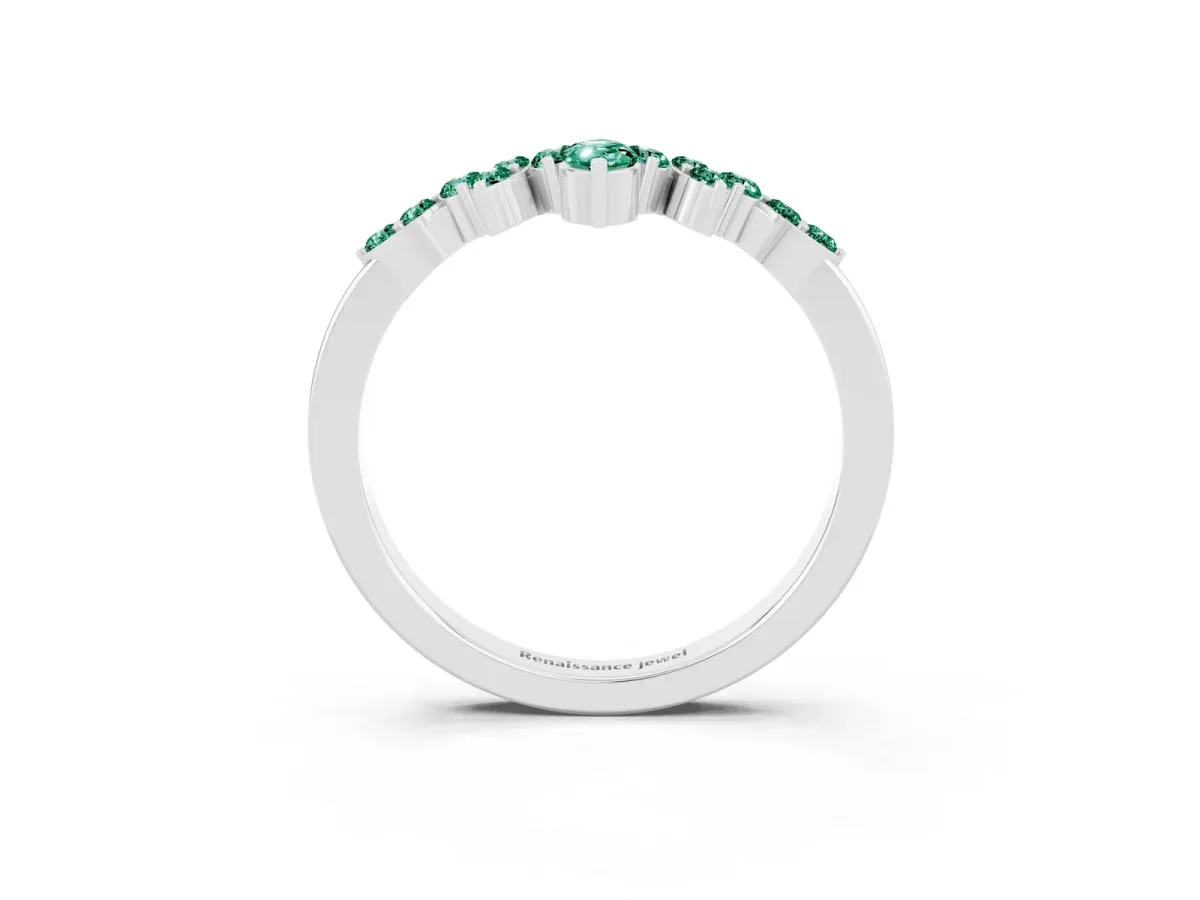 Marquise and Round Green Sapphire Chevron Band with Prong Setting Silver