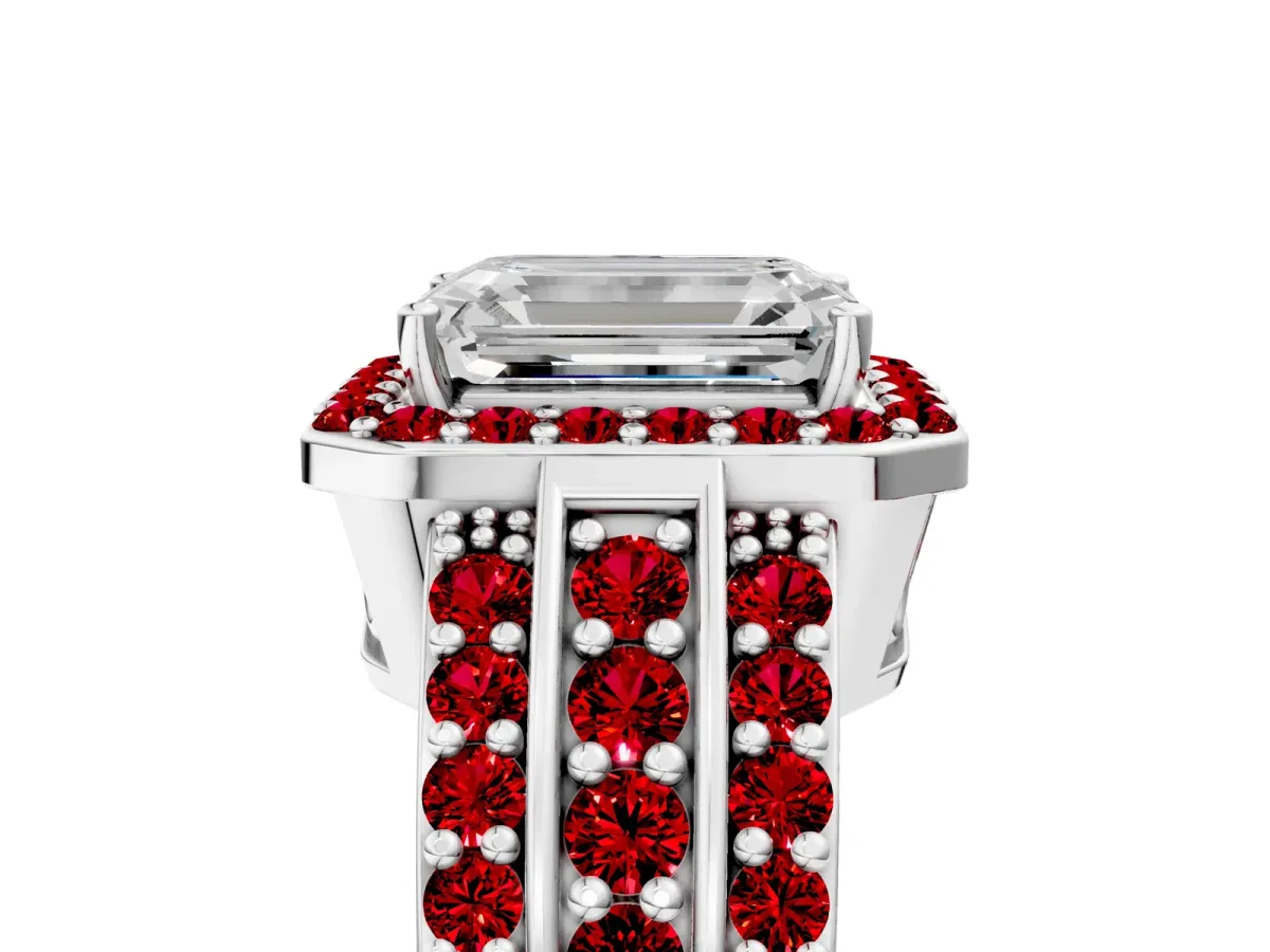 Emerald Cut Halo Diamond Ring with Round Ruby Split Shank and Prong Setting Platinum