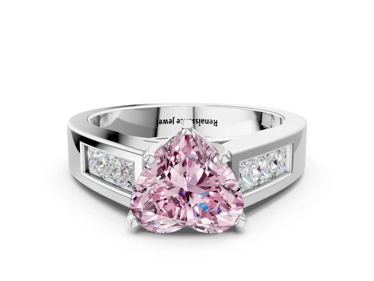 Fancy Pink Heart Cut Cut Channel Set Solitaire Ring with Four-Prong Setting Silver