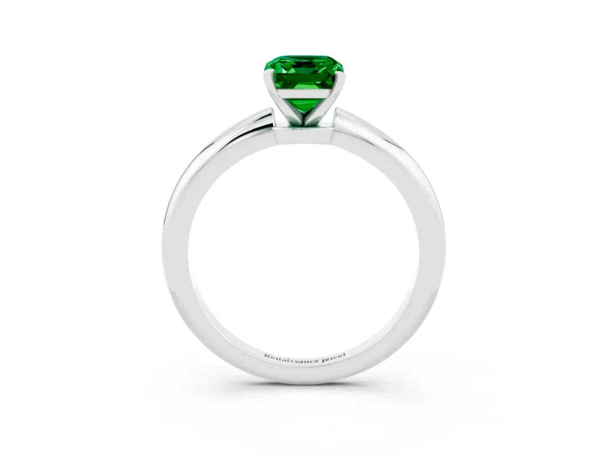 Emerald Cut Emerald Solitaire Ring with Six-Prong Setting and Classic Band Silver