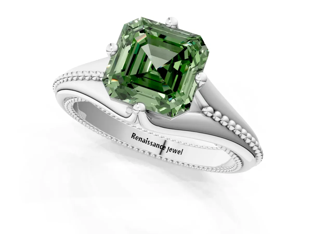 Fancy Green Asscher Cut Solitaire Beaded Band Six-Prong Setting Platinum