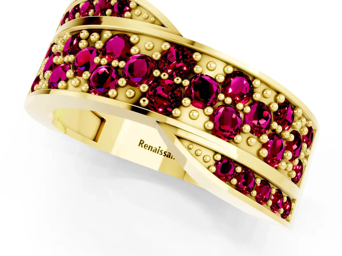 Pavé Round Garnet Crossover Band with Bead Prong Setting Yellow gold