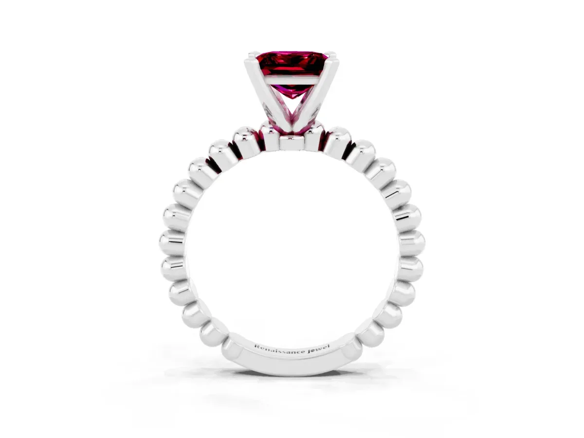 Princess Cut Garnet Solitaire Ring with Beaded Band and Prong Setting Platinum
