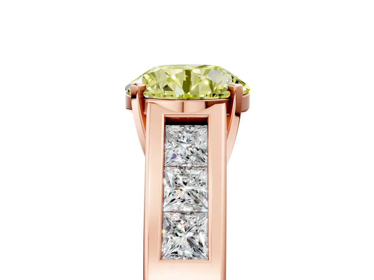 Fancy Yellow Round Cut Cut Channel Set Solitaire Ring with Four-Prong Setting Rose gold
