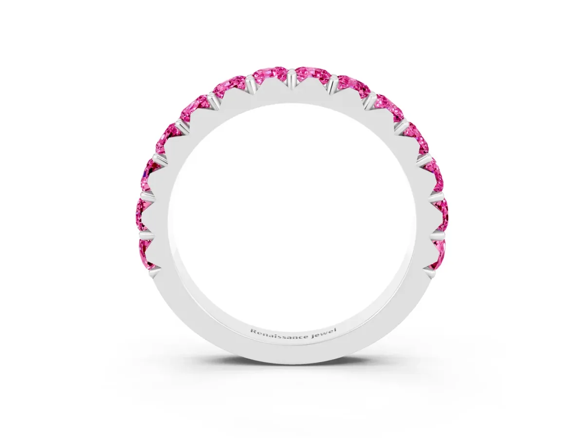 Round Pink Sapphire Half Eternity Band with Classic Prong Setting White gold
