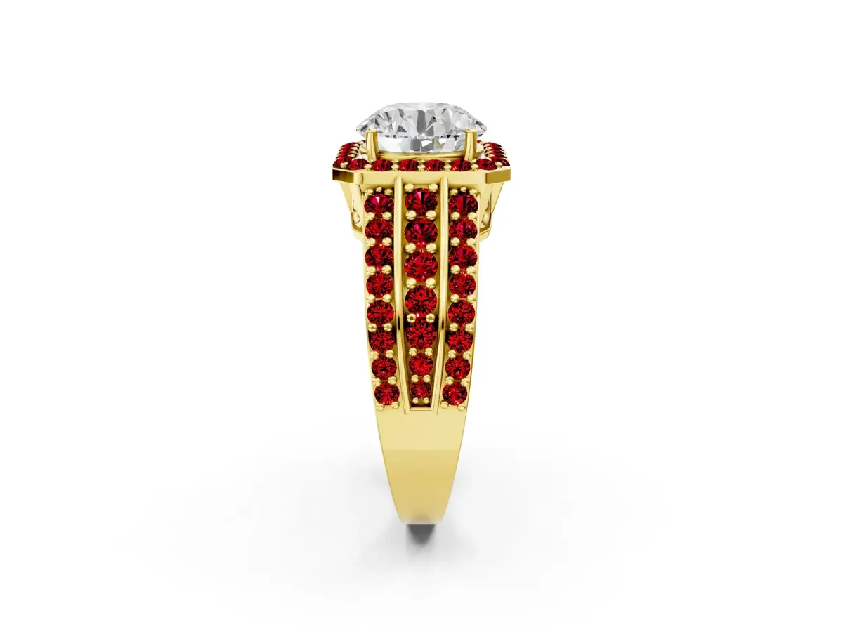 Round Cut Halo Diamond Ring with Round Ruby Split Shank and Prong Setting Yellow gold
