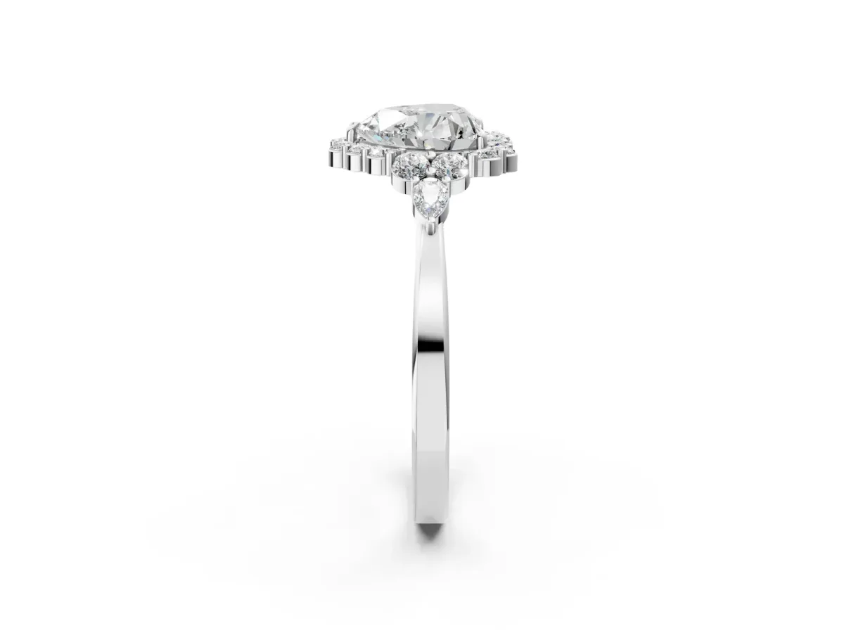 Heart Cut Diamond Halo Ring with Pear Side Stones and Prong Setting Silver