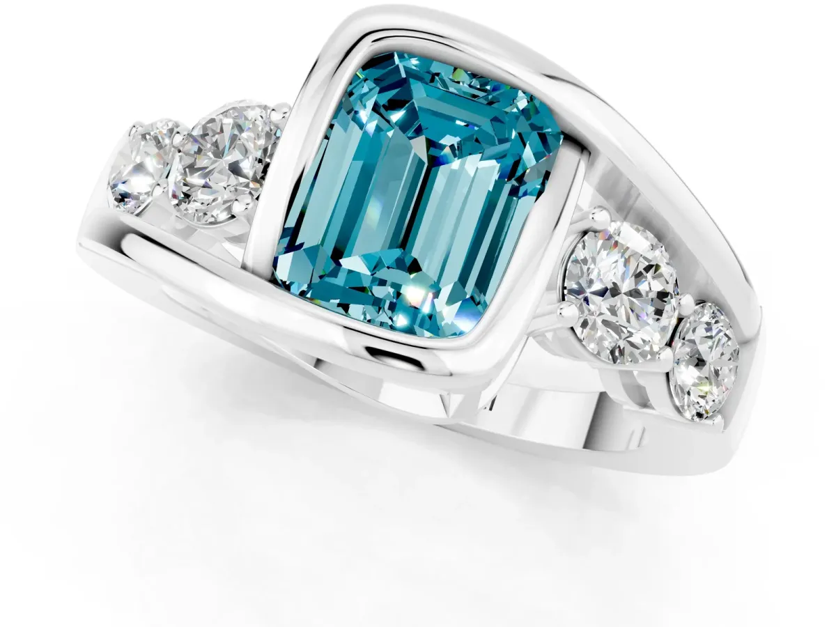 Bezel Set Emerald Cut Blue Topaz Bypass Ring with Round Accents Platinum