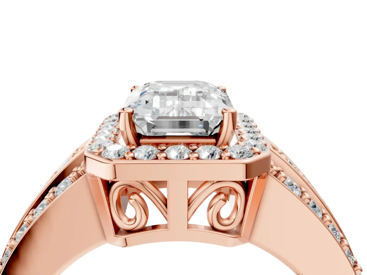 Emerald Cut Halo Diamond Ring with Round Split Shank and Prong Setting Rose gold