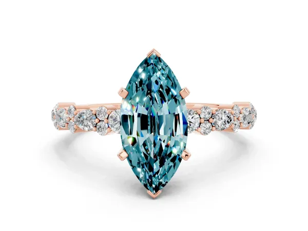 Marquise Cut Blue Topaz Side Stone Solitaire Ring with Round and Four-Prong Setting Rose gold