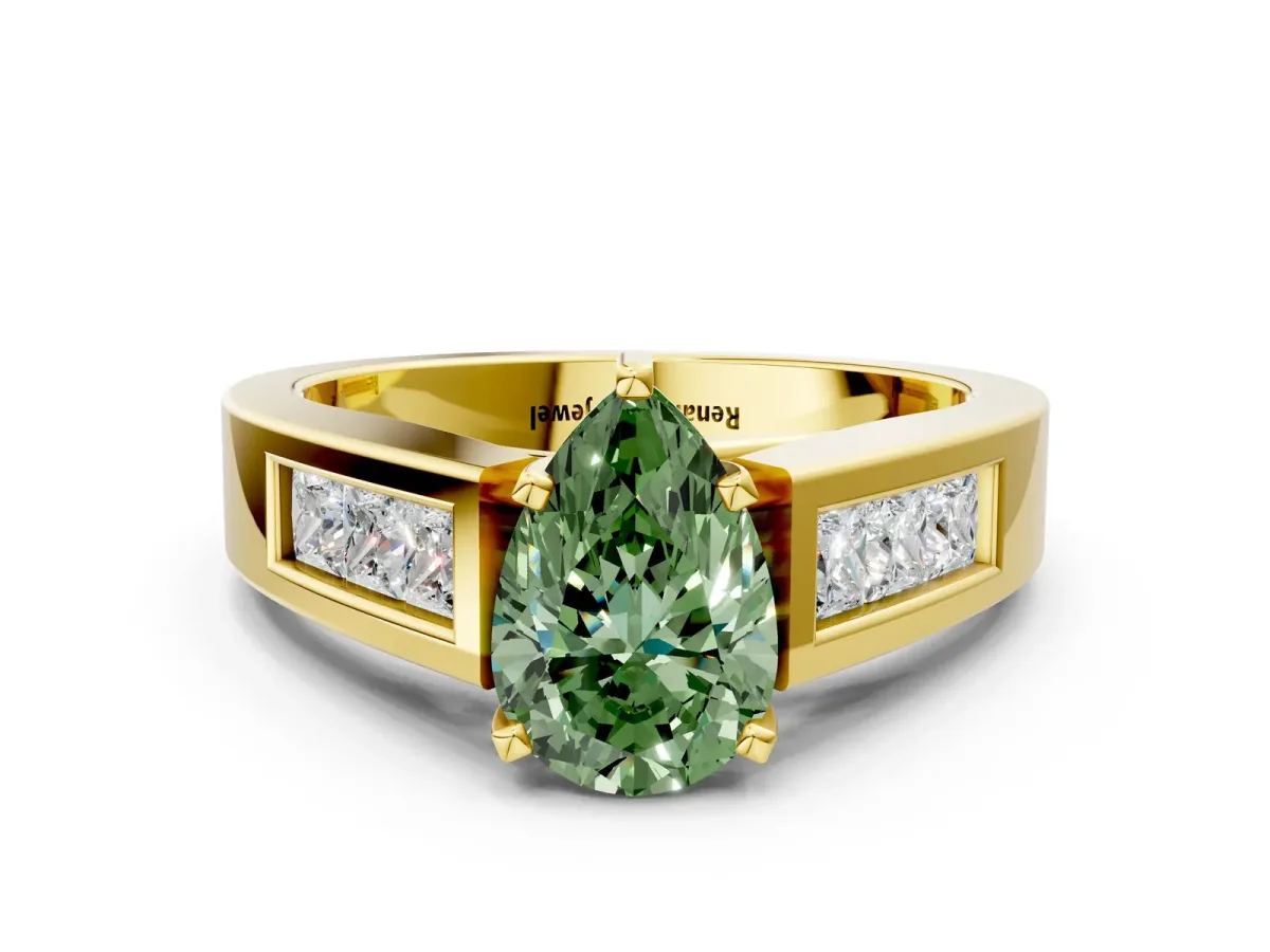 Fancy Green Pear Cut Cut Channel Set Solitaire Ring with Four-Prong Setting Yellow gold