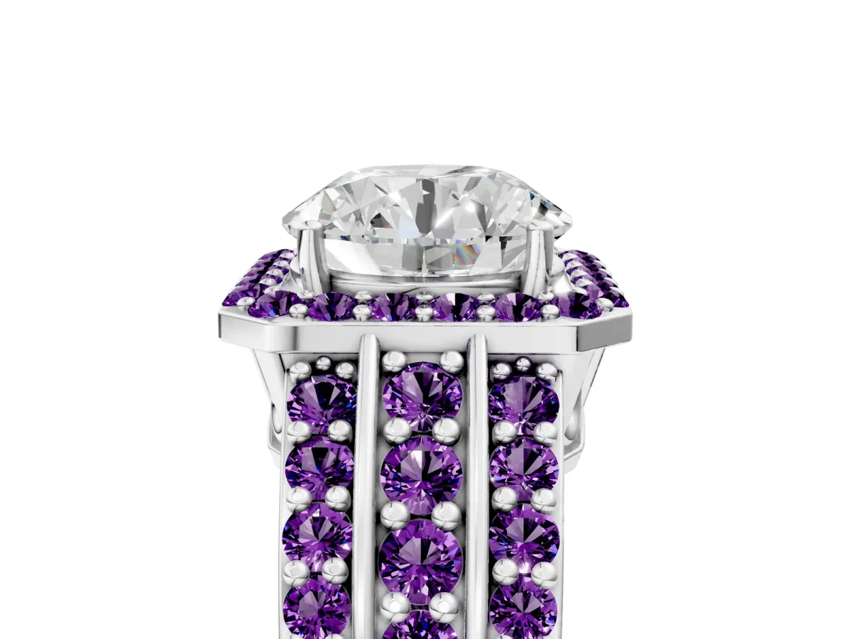Round Cut Halo Diamond Ring with Round Amethyst Split Shank and Prong Setting Platinum