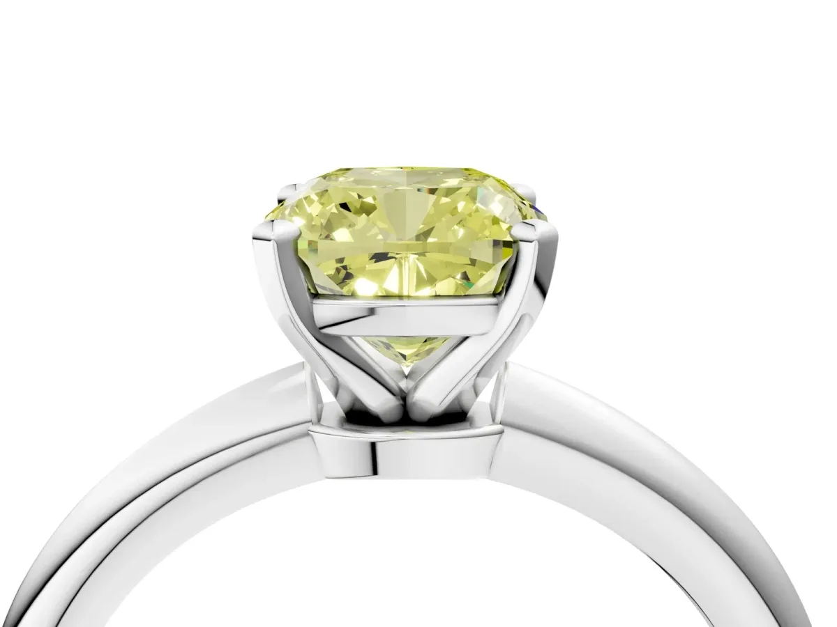 Fancy Yellow Cushion Cut Diamond Solitaire Ring with Six-Prong Setting and Classic Band Silver