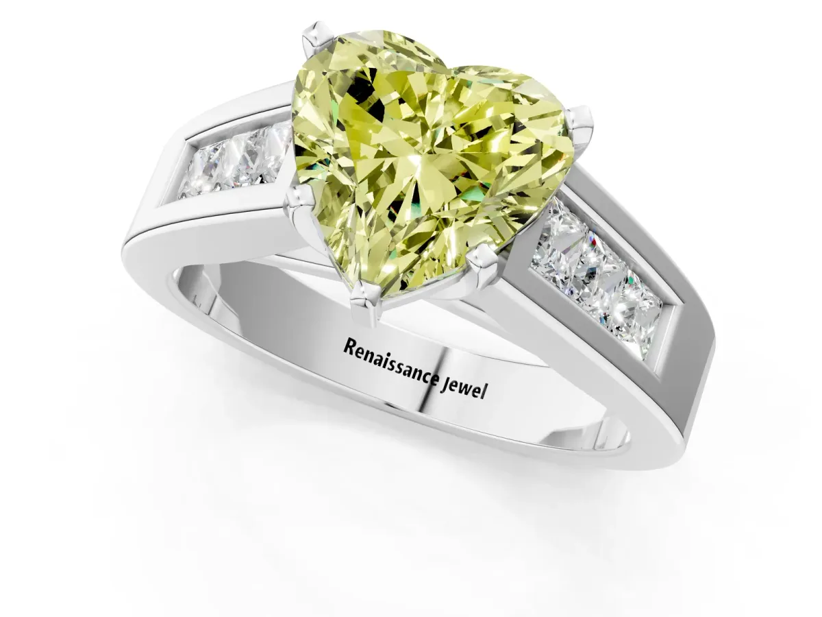 Fancy Yellow Heart Cut Cut Channel Set Solitaire Ring with Four-Prong Setting Silver