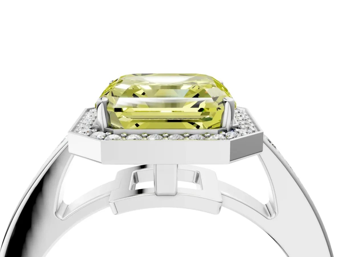 Fancy Yellow Asscher Cut Halo Pavé Diamond Engagement Ring with Bezel Setting Silver