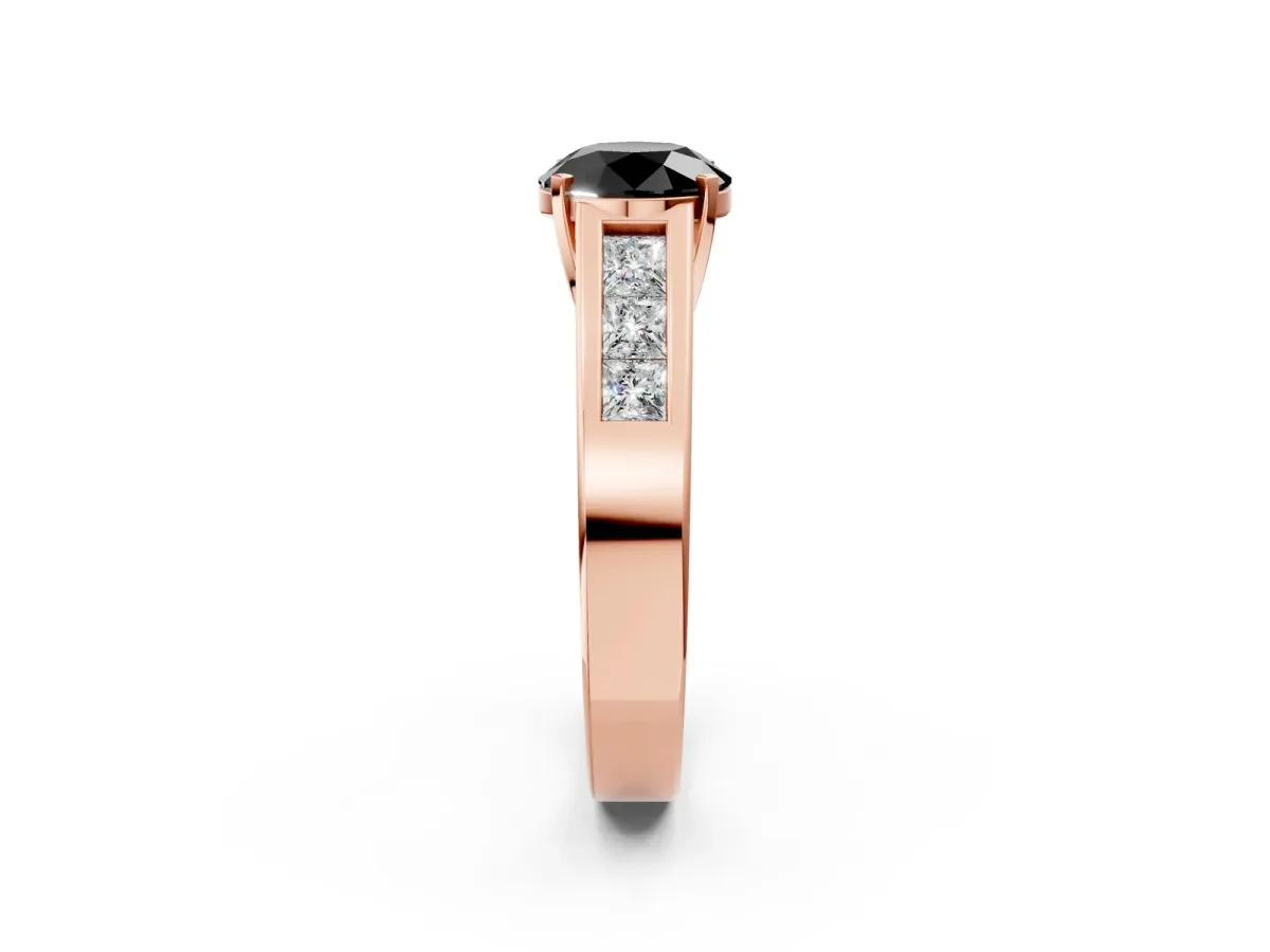 Fancy Black Round Cut Cut Channel Set Solitaire Ring with Four-Prong Setting Rose gold