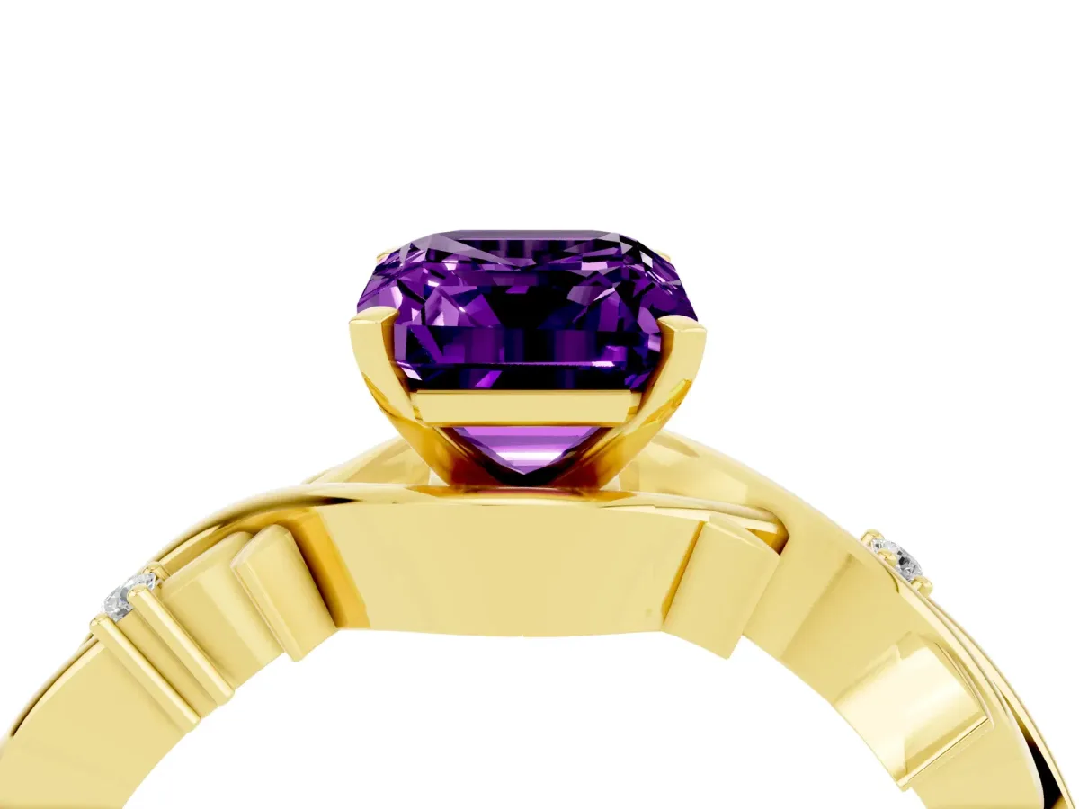 Emerald Cut Amethyst Solitaire Ring with Twisted Band and Prong Setting Yellow gold