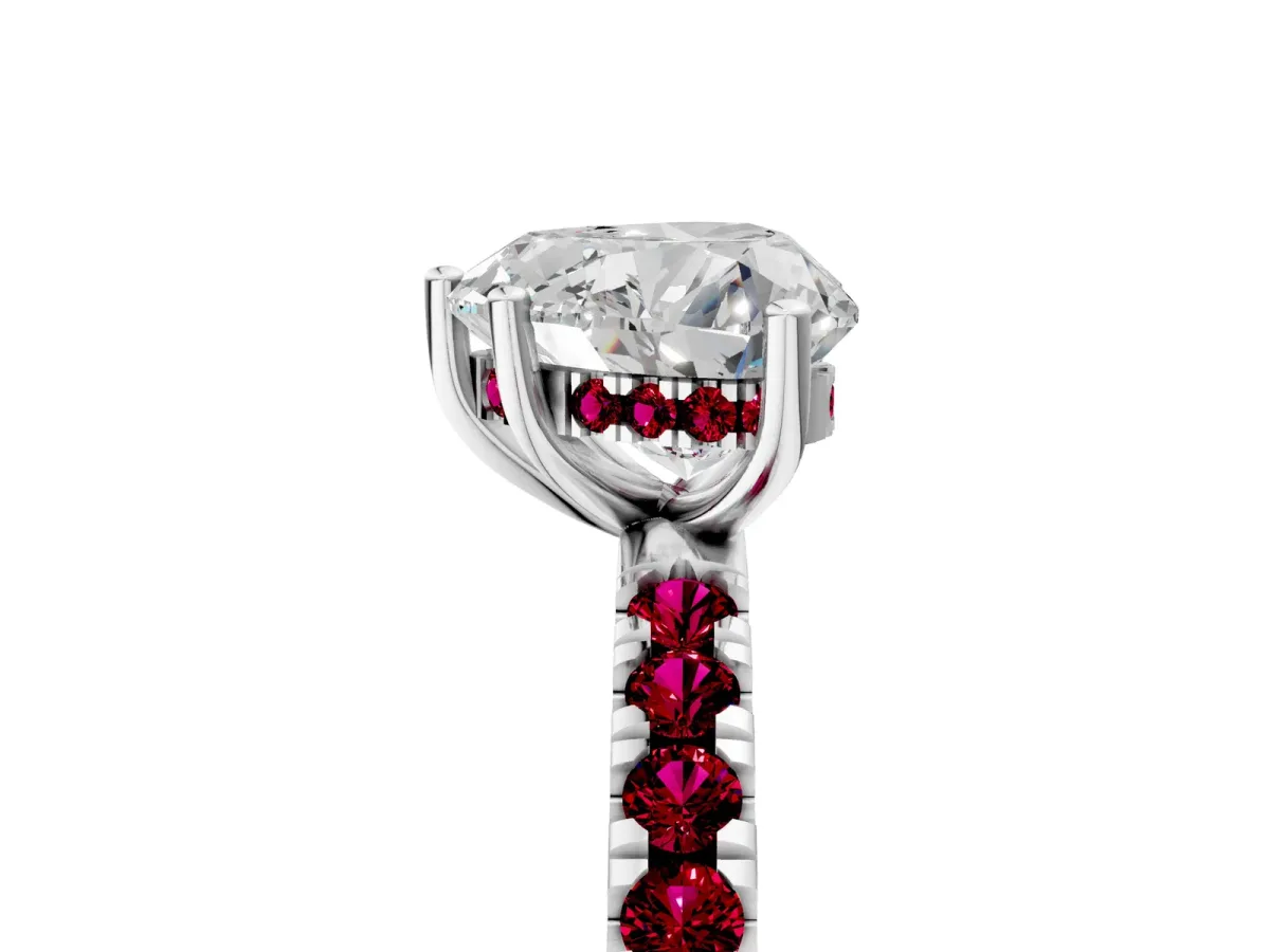 Heart Cut Diamond Pave Band Solitaire Ring with Round Garnet and Prong Setting Silver