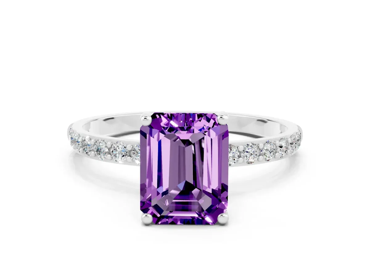 Emerald Cut Amethyst Solitaire Ring with Round Pavé Band and Prong Setting Platinum