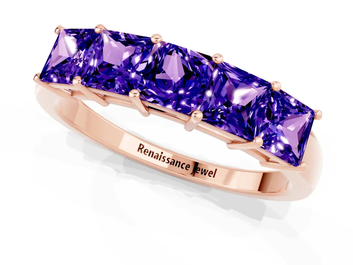 Princess Cut Five-Stone Tanzanite Band with Prong Setting Rose gold