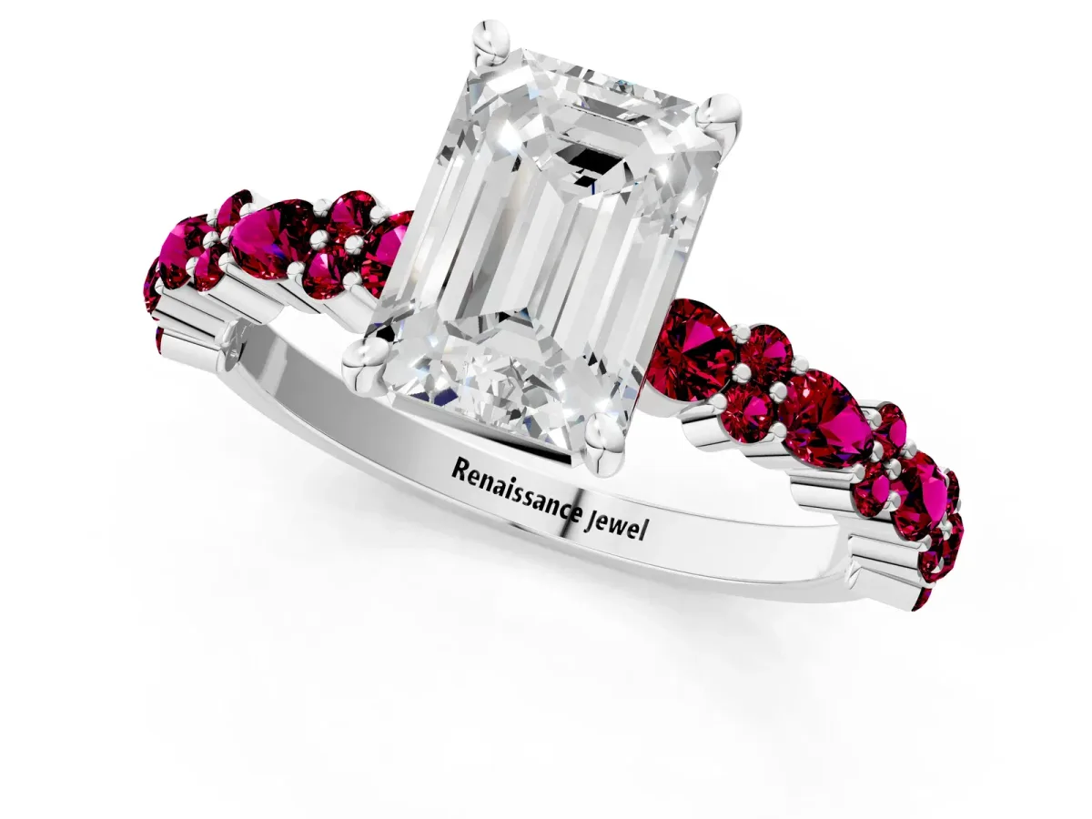 Emerald Cut Diamond Side Stone Solitaire Ring with Round Garnet and Four-Prong Setting White gold
