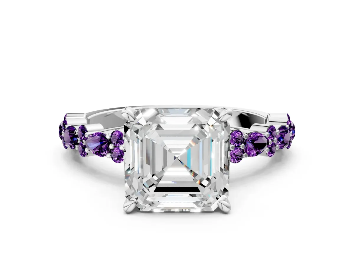 Asscher Cut Diamond Side Stone Solitaire Ring with Round Amethyst and Four-Prong Setting Platinum