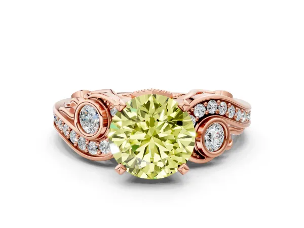 Fancy Yellow Round Cut Diamond Solitaire Ring with Milgrain Pavé Band and Four-Prong Setting Rose gold