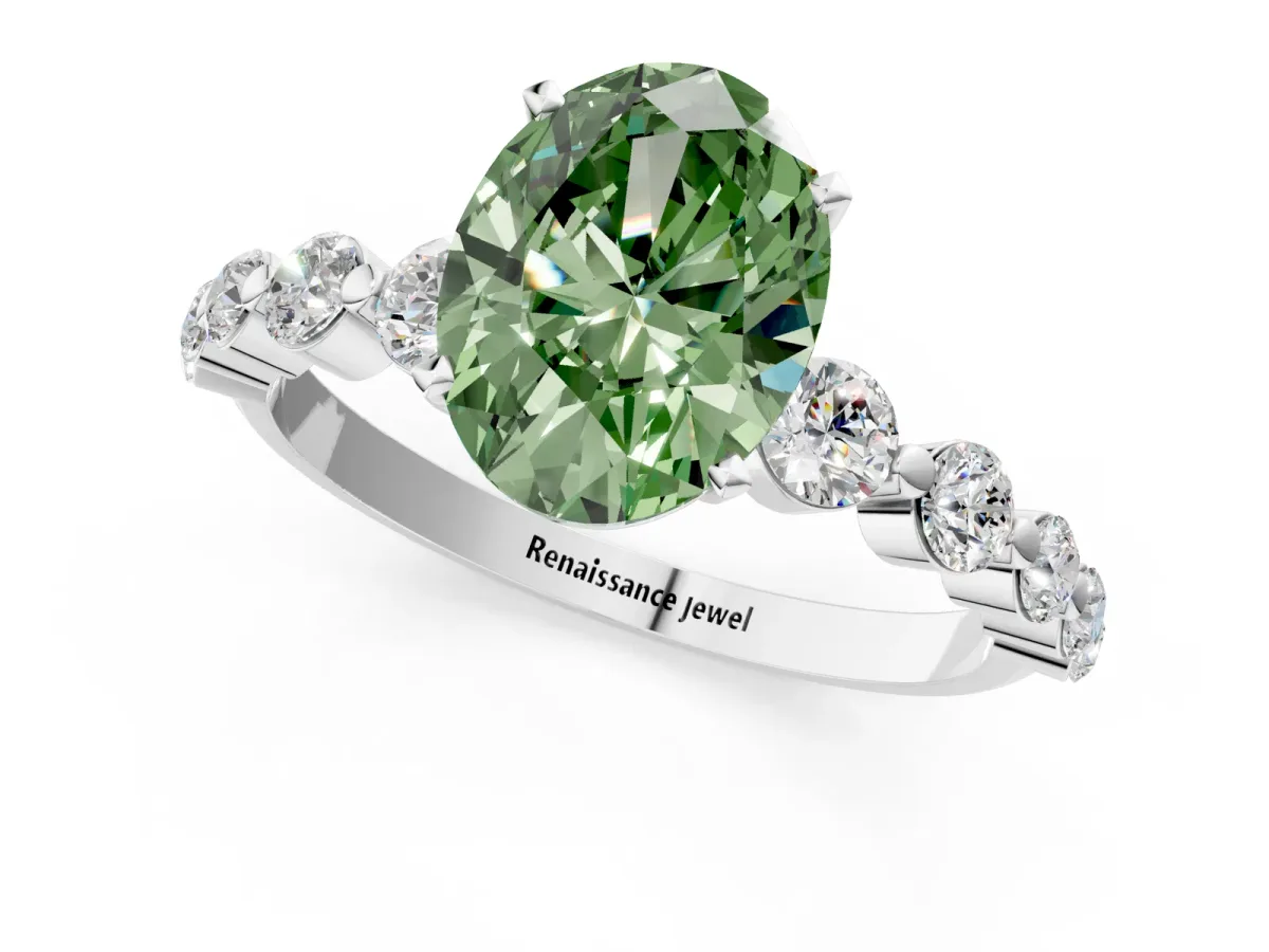 Fancy Green Oval Cut Solitaire Diamond Ring with Pave Band and Four-Prong Setting Silver