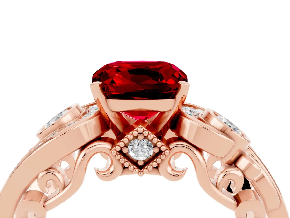 Cushion Cut Ruby Solitaire Ring with Milgrain Pavé Band and Four-Prong Setting Rose gold