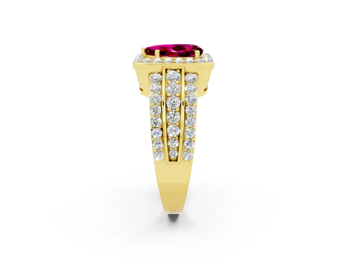 Pear Cut Halo Garnet Ring with Round Split Shank and Prong Setting Yellow gold
