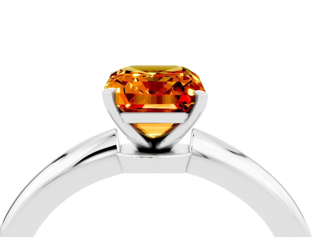 Emerald Cut Citrine Solitaire Ring with Six-Prong Setting and Classic Band Platinum