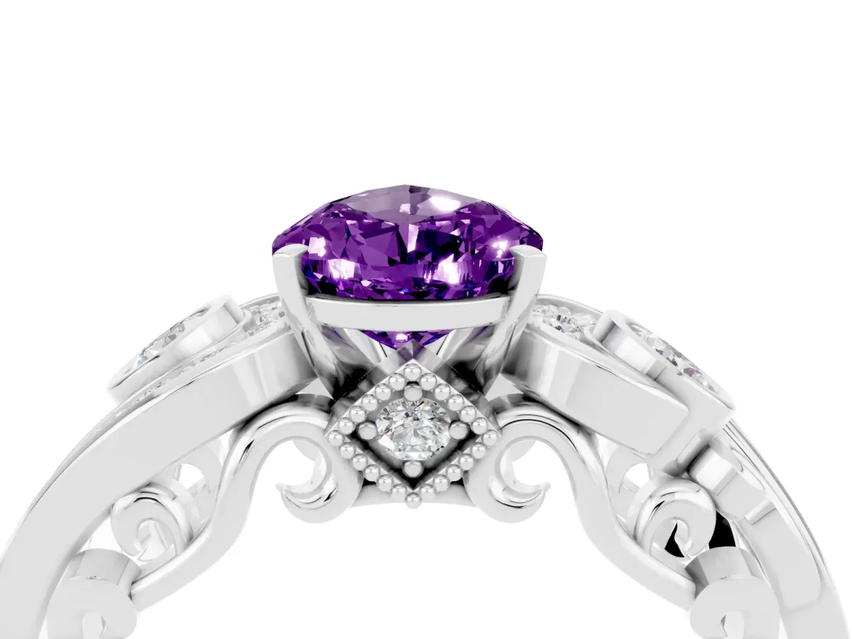 Pear Cut Amethyst Solitaire Ring with Milgrain Pavé Band and Four-Prong Setting Silver