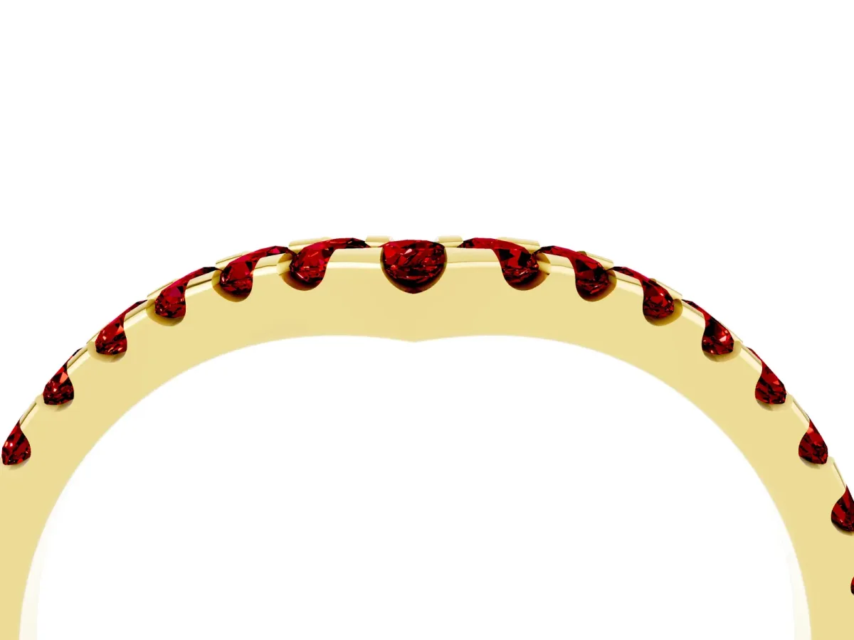 Pavé Round Ruby Chevron Band with Shared Prong Setting Yellow gold