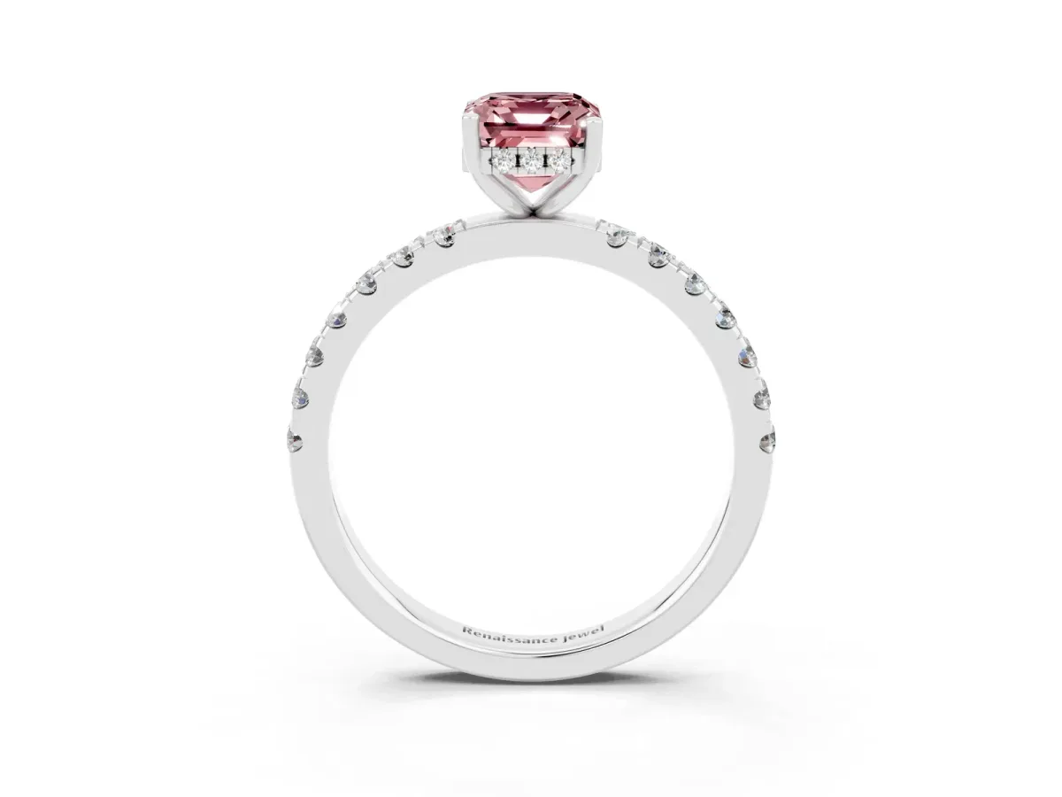 Emerald Cut Morganite Pave Band Solitaire Ring with Round and Prong Setting Platinum