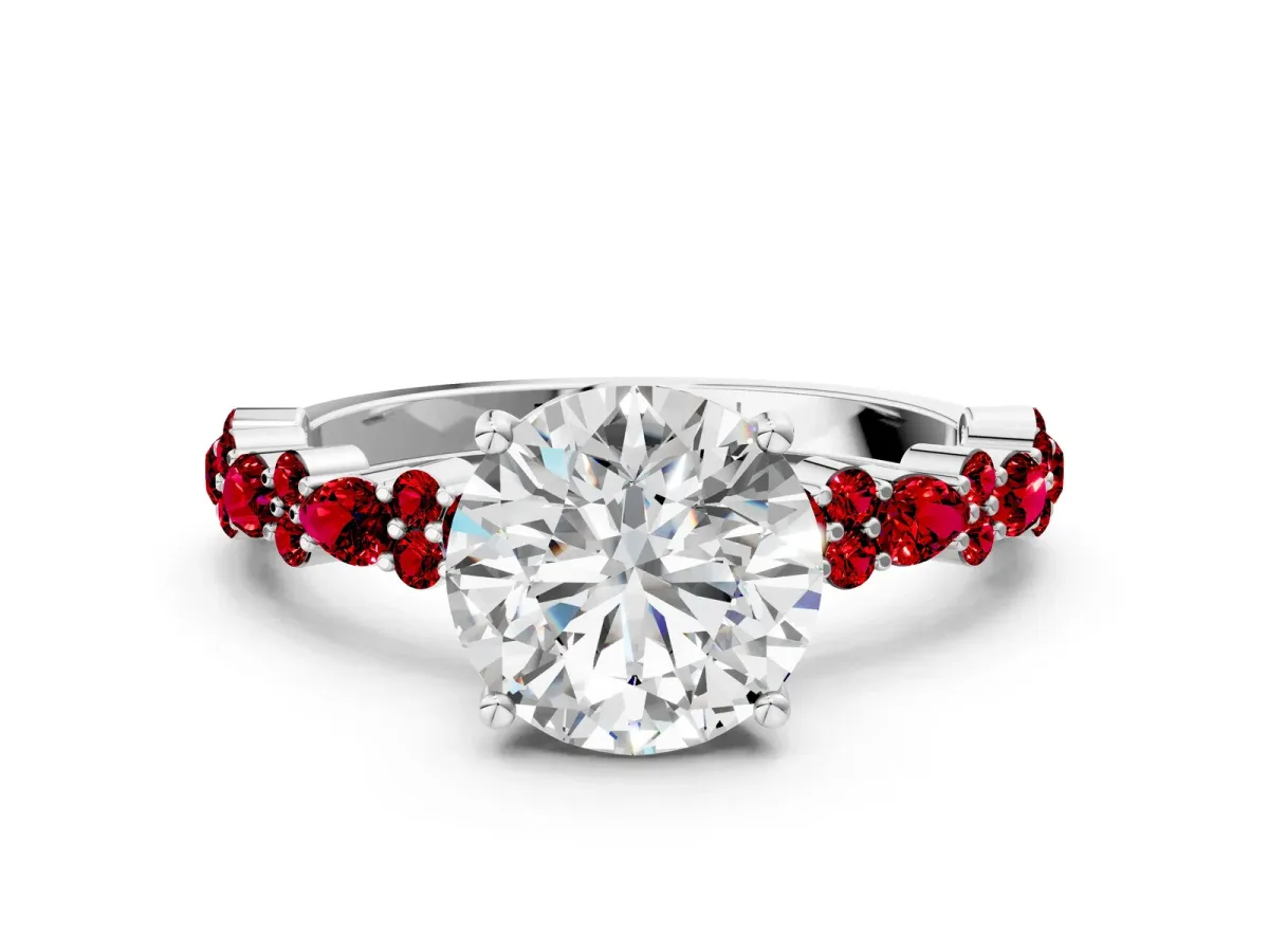 Round Cut Diamond Side Stone Solitaire Ring with Round Ruby and Four-Prong Setting Platinum