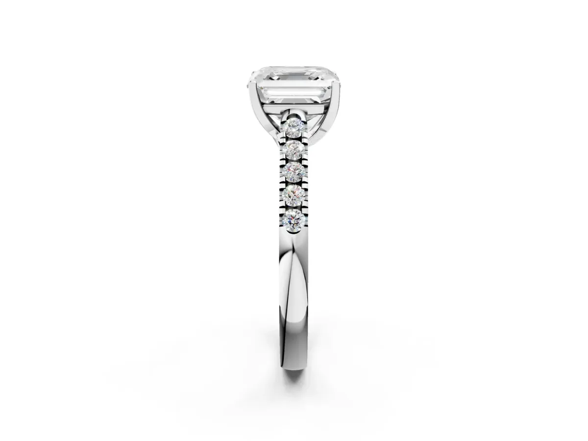 Asscher Cut Diamond Pavé Band Solitaire Ring with Prong Setting Platinum