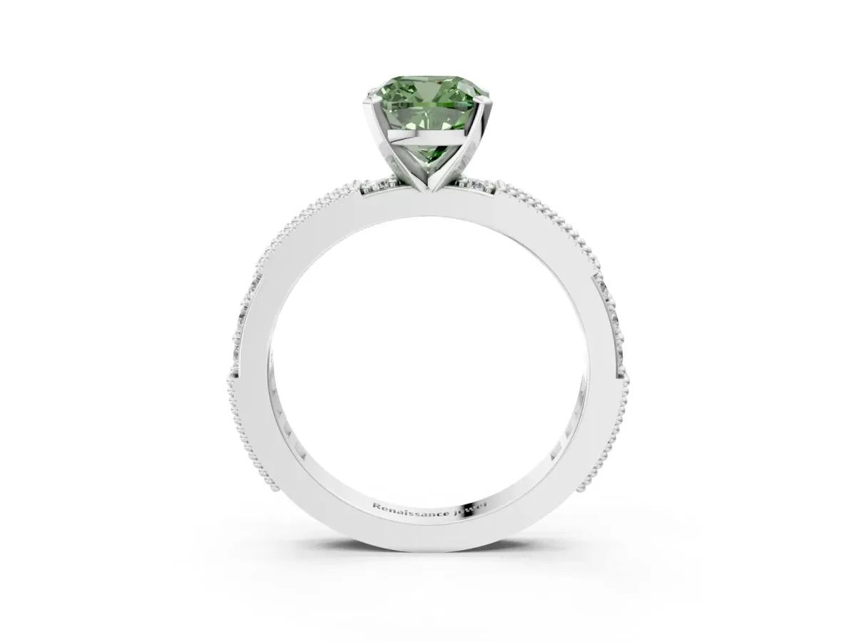 Fancy Green Cushion Cut Solitaire with Pavé Band and Four-Prong Setting Silver