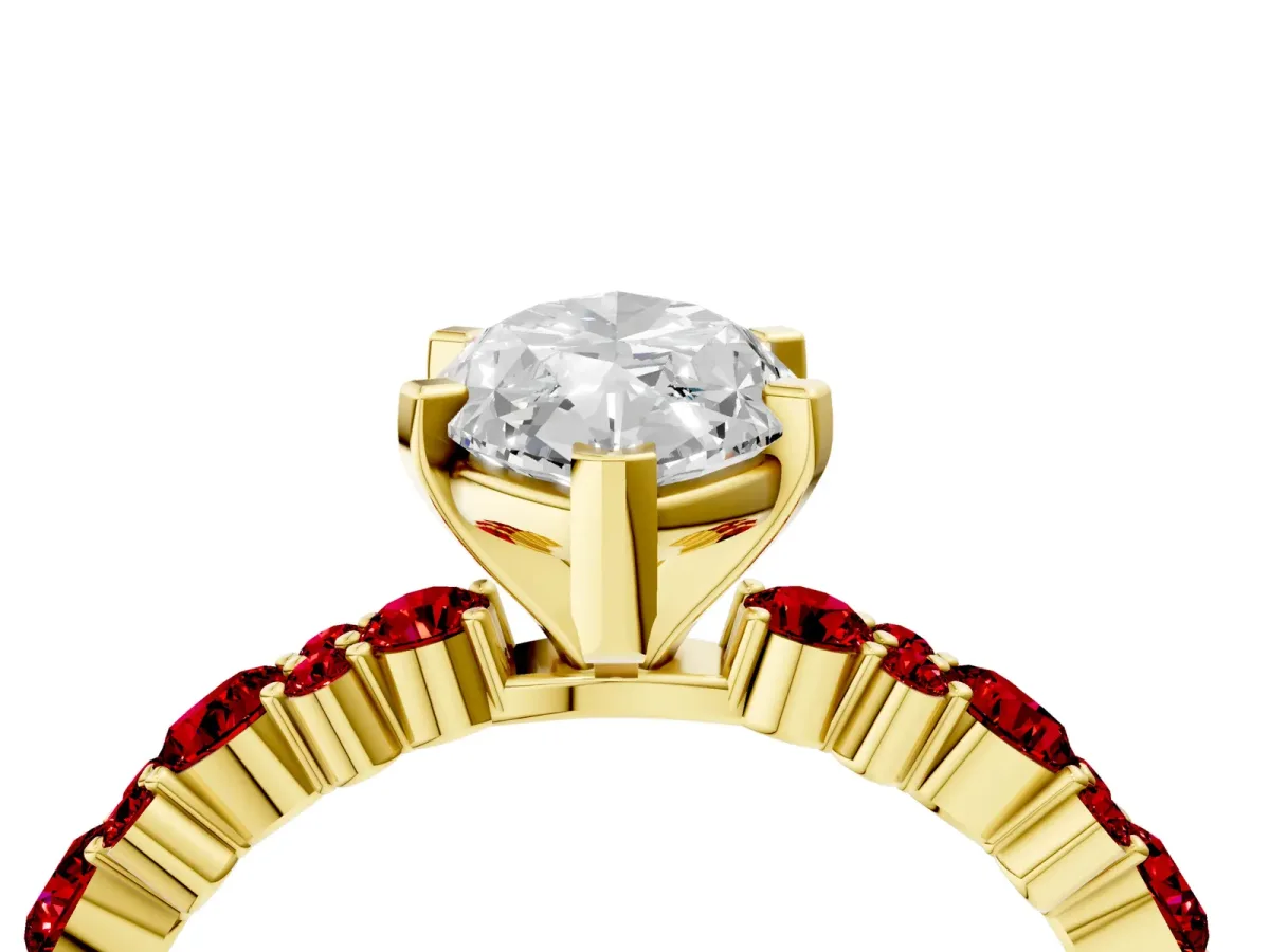 Marquise Cut Diamond Side Stone Solitaire Ring with Round Ruby and Four-Prong Setting Yellow gold